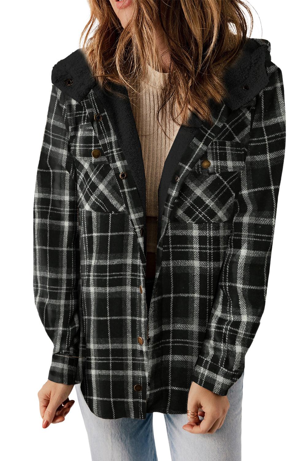 Plaid hooded fluffy online lined snap button jacket
